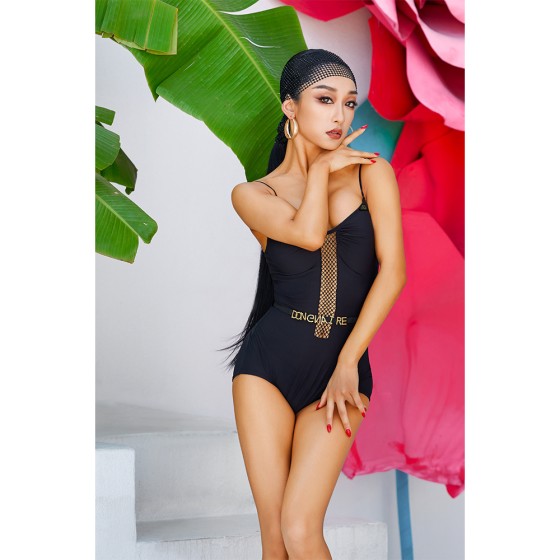 WT636Women's Spaghetti Strap Latin Dance Bodysuit, Fishnet Mesh Cutout Practice Competition Dancewear