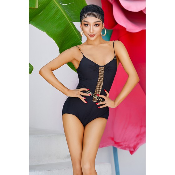 WT636Women's Spaghetti Strap Latin Dance Bodysuit, Fishnet Mesh Cutout Practice Competition Dancewear