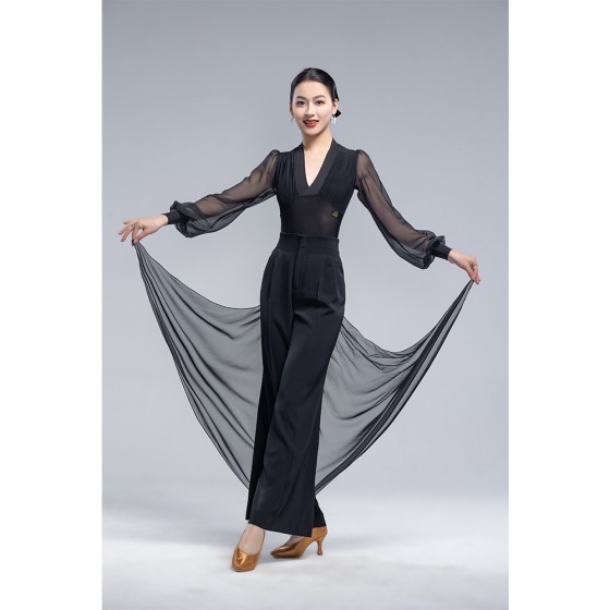 MT363Ladies Waltz V-Neck Sheer Long Sleeve Top