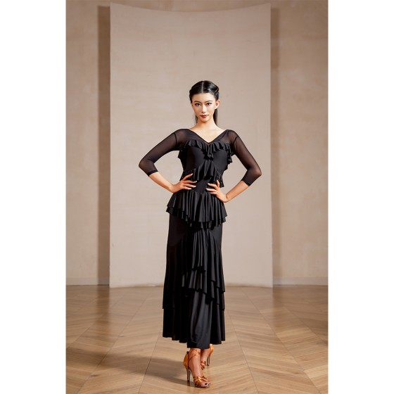 MY817Tiered Ruffle Flowy Waltz Tango Practice & Performance Gown