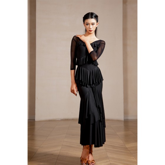 MY817Tiered Ruffle Flowy Waltz Tango Practice & Performance Gown