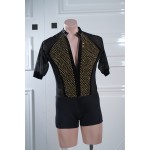 DX041Mens Short Sleeve Rhinestone Mesh Latin Ballroom Costume