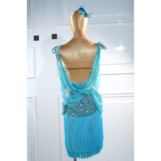 DX028Ladies Rhinestone Fringe Mesh Ballroom Latin Costume