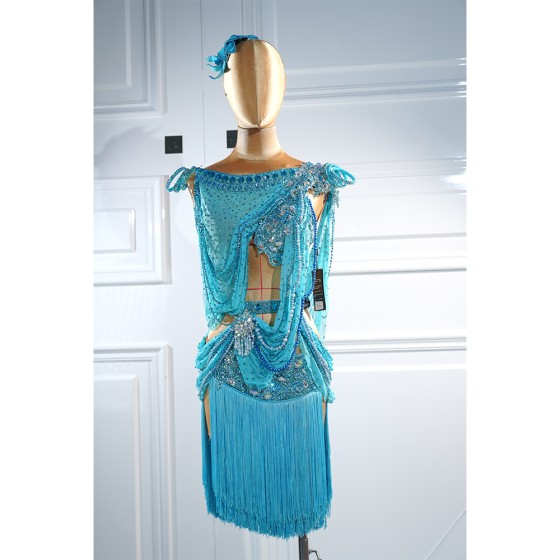 DX028Ladies Rhinestone Fringe Mesh Ballroom Latin Costume