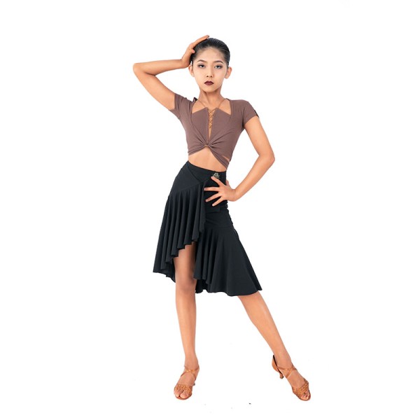HSQ308-2Kids Asymmetrical Ruffle Latin Half Skirt