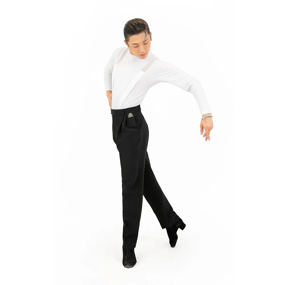 NK184Men Black Pleated Straight‑Fit Latin Ballroom Dance Trousers High Waist Stretch Competition Practice Pants