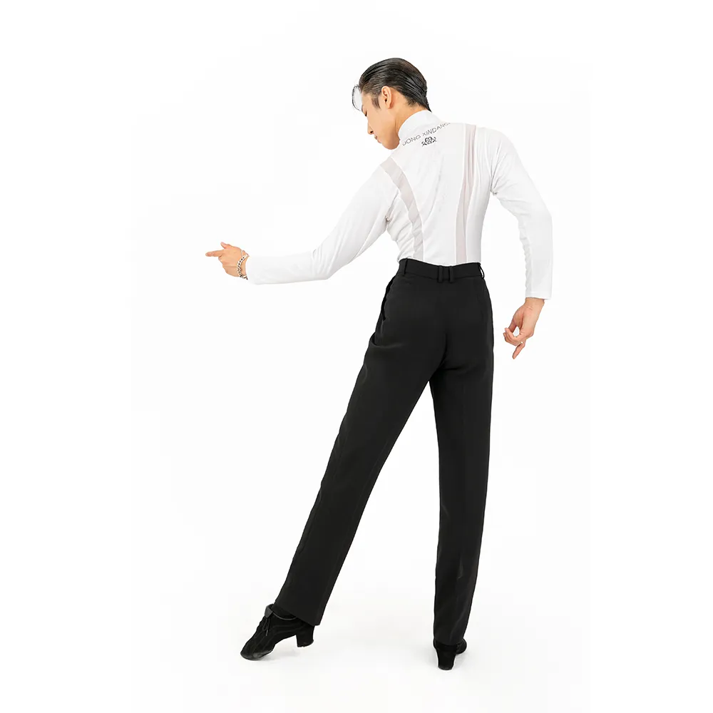 NK184Men Black Pleated Straight‑Fit Latin Ballroom Dance Trousers High Waist Stretch Competition Practice Pants